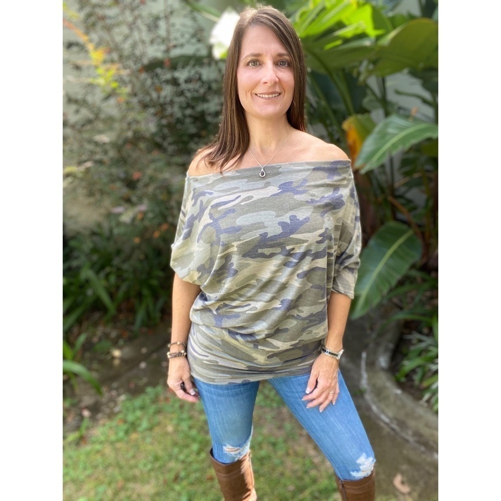 Off Cold Shoulder Camouflage Dolman Green 4420